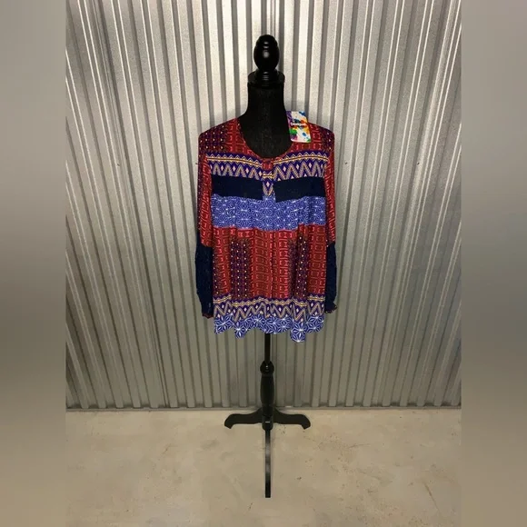 Women’s NWT Desigual Red Blue Yellow Button Up Long Sleeve Blouse Size Medium - Picture 2 of 5